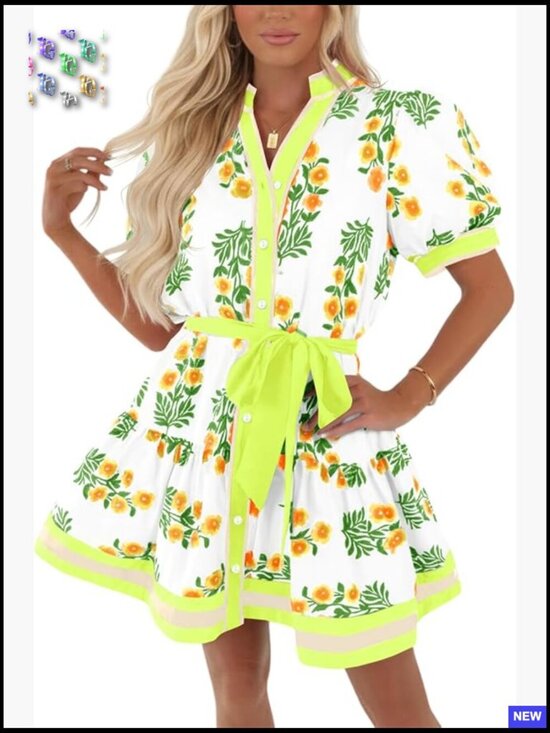 Dresses & Skirts - Floral Mini Dress Puff Sleeve V Neck Button Down Boho Casual Loose Fit